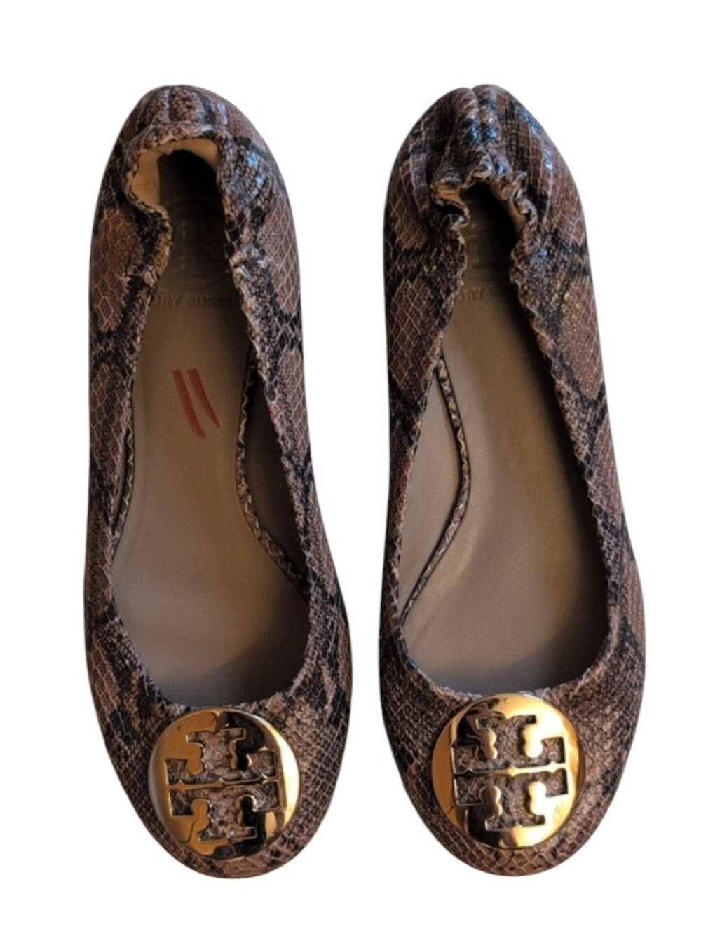 Tory Burch Reva Flats Brown Snake Print Leather Gold Toe Size 7